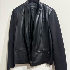 Talbots Black Leather and Knit Sleeve Zip Jacket